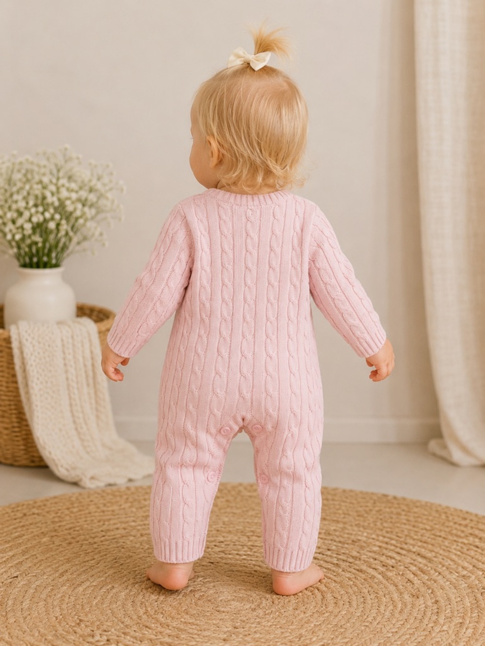 Elegant Baby Pink Cable Knit One Piece Romper Cozy Luxury | Size 12M - Picture 3 of 12